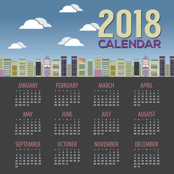 2018 wolkenkrabber Cityscape platte ontwerp afdrukbare kalender begint Vector zondag illustratie — Stockvector