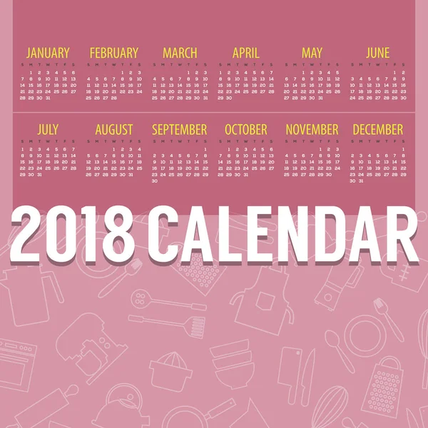 2018 rosa Kochsachen ausgekleidet Symbol Muster druckbaren Kalender beginnt Sonntag Vektor Illustration — Stockvektor