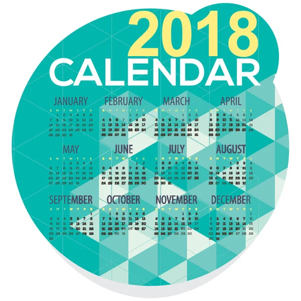 2018 groene geometrische ronde vorm afdrukbare kalender begint Vector zondag illustratie — Stockvector
