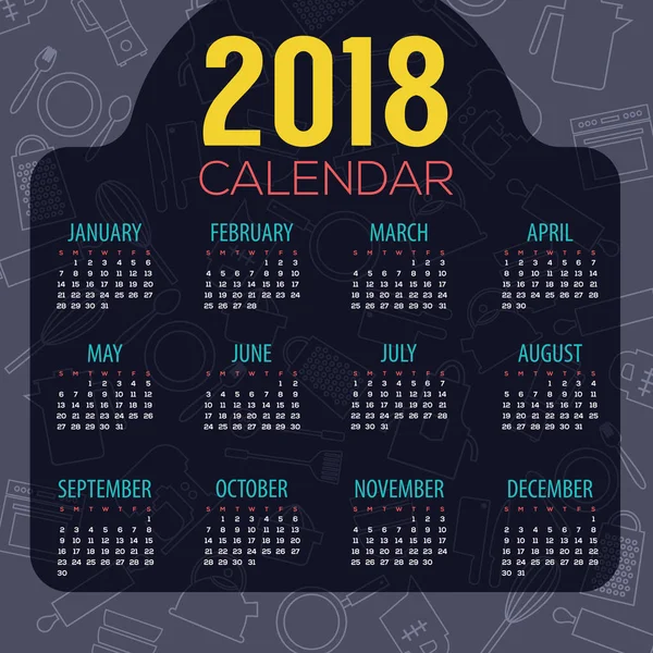 2018 koyu mavi pişirme şeyler simgesi desen yazdırılabilir takvim başlar Pazar vektör çizim kaplı