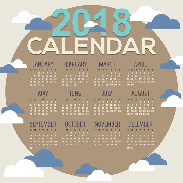 2018 Wolken runde Form druckbarer Kalender beginnt Sonntag Vektor Illustration — Stockvektor