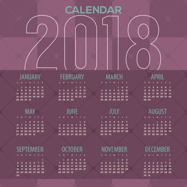 2018 Modern mor geometrik desen yazdırılabilir takvim başlar Pazar illüstrasyon vektör
