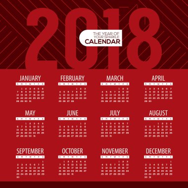 2018 Modern kırmızı grafik yazdırılabilir takvim başlar Pazar illüstrasyon vektör