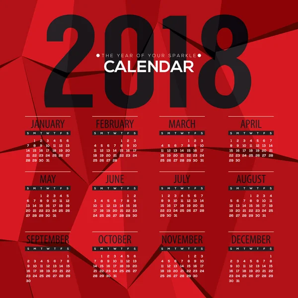 2018 Modern soyut kırmızı çokgen yazdırılabilir takvim başlar Pazar illüstrasyon vektör