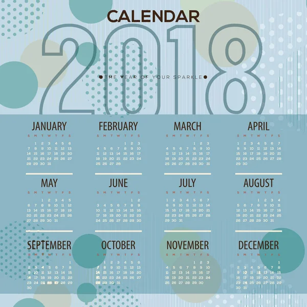 El calendario imprimible del patrón de puntos azules 2018 comienza la ilustración vectorial dominical — Archivo Imágenes Vectoriales
