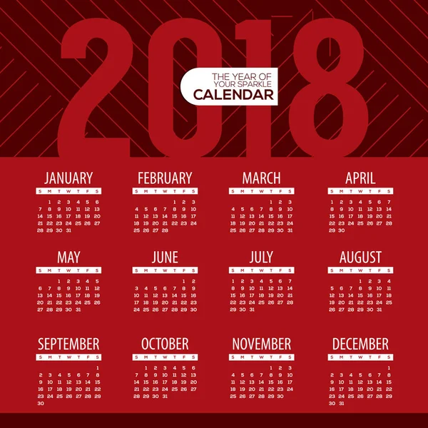 2018 Modern kırmızı grafik yazdırılabilir takvim başlar Pazar illüstrasyon vektör