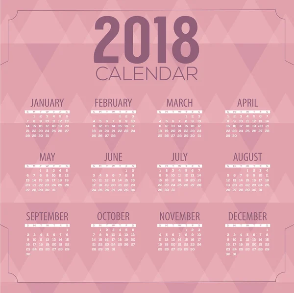 2018 Calendário de impressão de padrão geométrico rosa começa a ilustração do vetor de domingo — Vetor de Stock