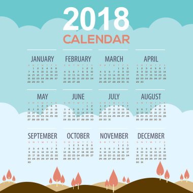 2018 ağaçlar dağ manzara yazdırılabilir takvim başlar Pazar vektör çizim