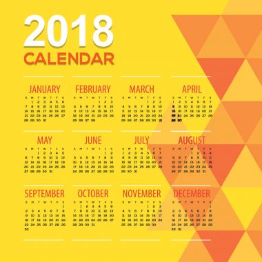 2018 Modern sarı geometrik yazdırılabilir takvim başlar Pazar illüstrasyon vektör
