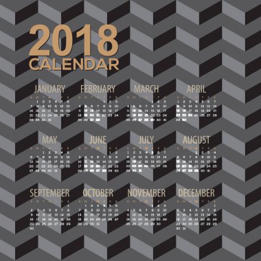 2018 Modern siyah yanılsama desen yazdırılabilir takvim başlar Pazar illüstrasyon vektör