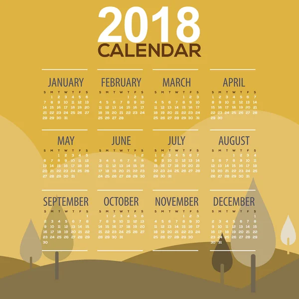 Деревья Горы Пейзаж Желтый цвет Календарь печати начинается воскресенье векторная иллюстрация — стоковый вектор