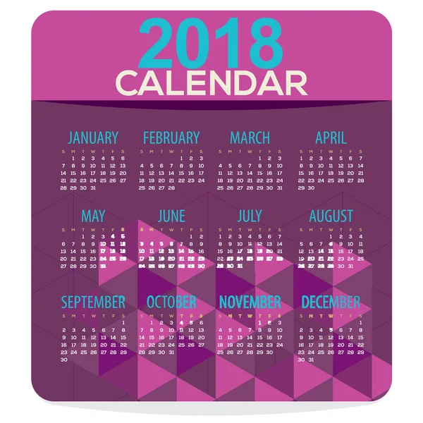 Фиолетовый геометрический календарь печати 2018 года начинается с показа вектора воскресенья — стоковый вектор