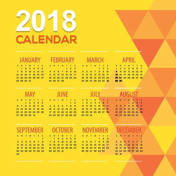 2018 El calendario geométrico amarillo moderno imprimible comienza la ilustración vectorial dominical — Vector de stock