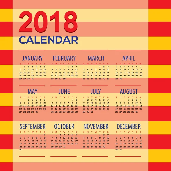 Красные желтые полосы 2018 года Печатный календарь начинается воскресенье Векторная иллюстрация — стоковый вектор