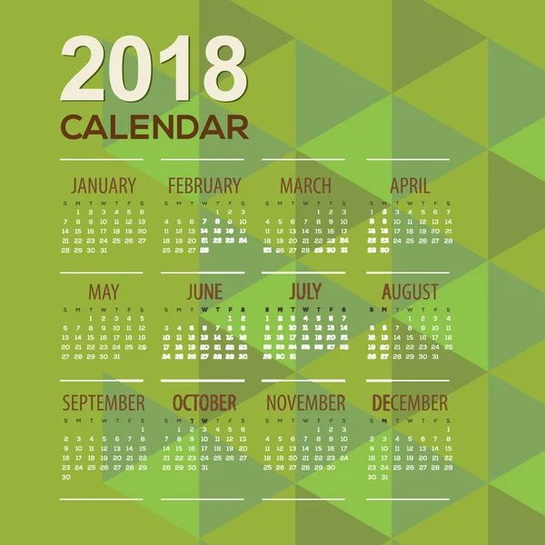 2018 moderne grüne geometrische druckbare Kalender beginnt Sonntag Vektor Illustration — Stockvektor