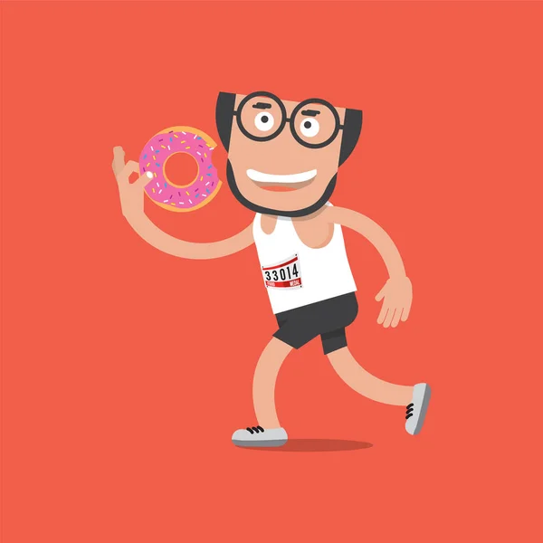 Hombre corriendo con rosquilla en la mano Concepto de salud Vector Ilustración — Vector de stock
