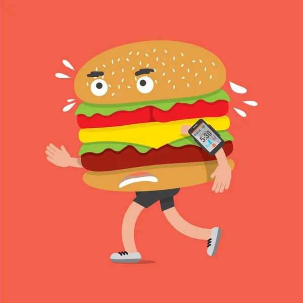 Fastfood of Hamburger op de vlucht met Smartphone gezondheid Concept vectorillustratie — Stockvector