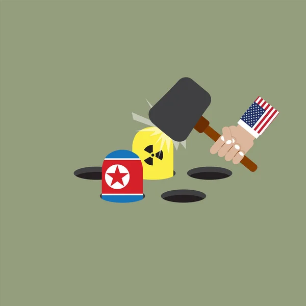 Mans mão com a bandeira tentando acertar a bandeira nuclear e norte-coreana — Vetor de Stock