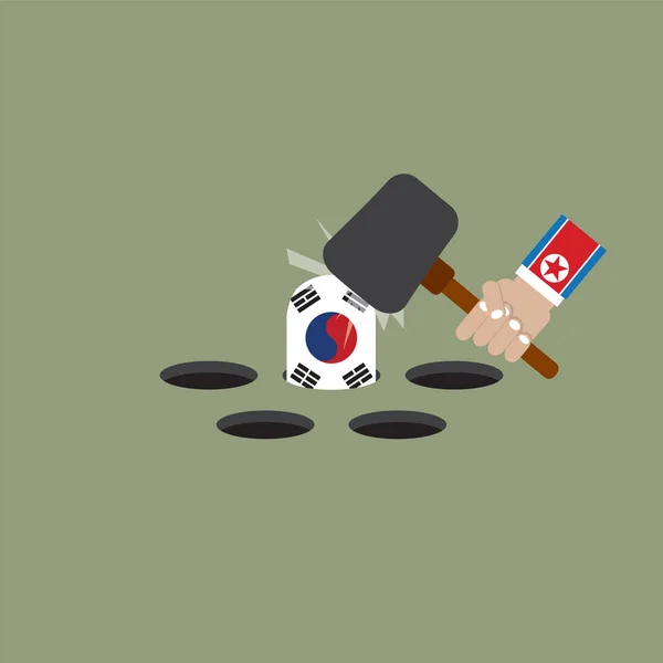 韓国のフラグをヒットしようとすると、フラグと手をマンします。 — ストックベクタ