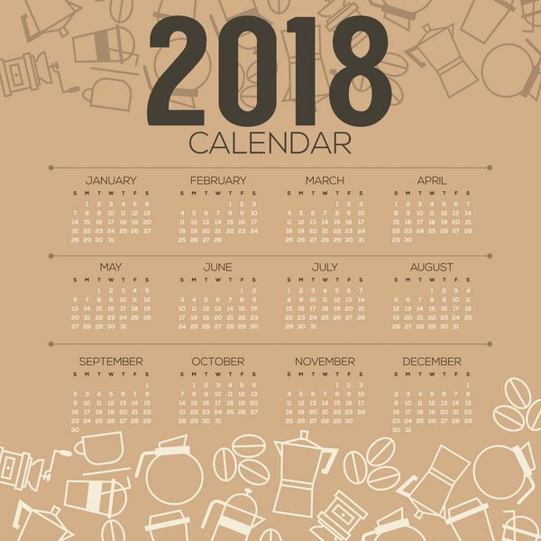 2018 Coffee Items Frame Flat Design Graphic Printable Calendar Starts Sunday Vector Illustration