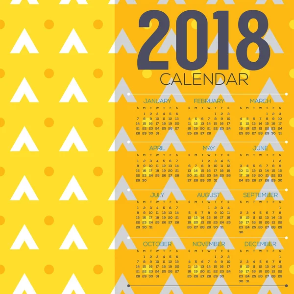 2018 gelb Grafik Muster druckbarer Kalender beginnt Sonntag Vektor Illustration — Stockvektor