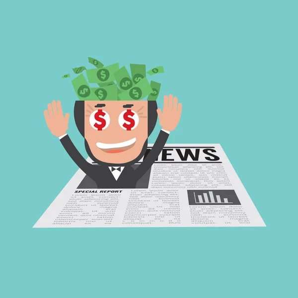 Happy And Successful Businessman In Financial News Vector Illustration — Stock Vector