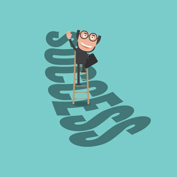Mutlu işadamı başarı merdiveni tırmanmak. Yaşam, iş başarılı konsepti vektör çizim — Stok Vektör