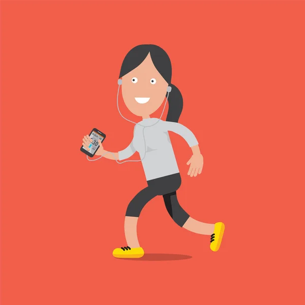 体育友好微笑女性角色站立和跑与智能手机图 — 图库矢量图片