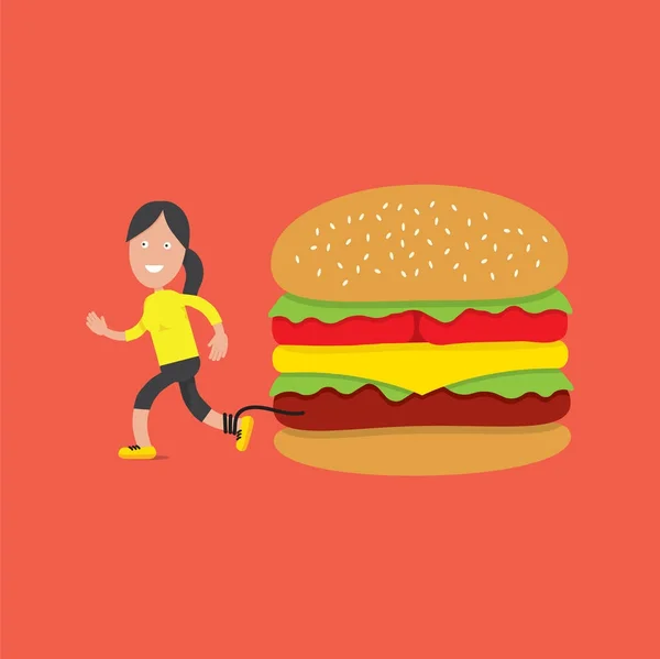 Lopende vrouw met Hamburger gezondheid Concept vectorillustratie — Stockvector