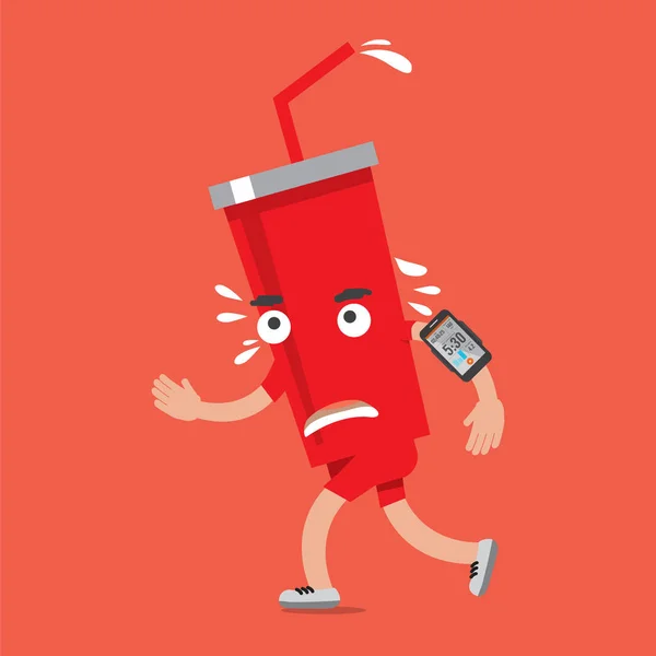 Soft Drink in fuga con Smartphone salute concetto Cartoon personaggio vettoriale Illustrazione — Vettoriale Stock