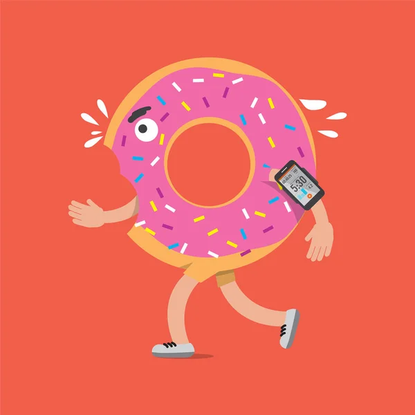 Donut en la carrera con Smartphone Salud Concepto Caricatura Personaje Vector Ilustración — Vector de stock