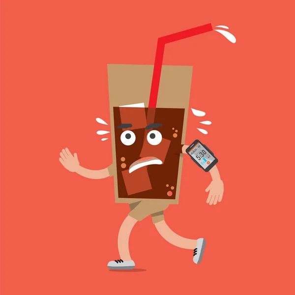 Un bicchiere di cola in fuga con Smartphone salute concetto Cartoon personaggio vettoriale Illustrazione — Vettoriale Stock