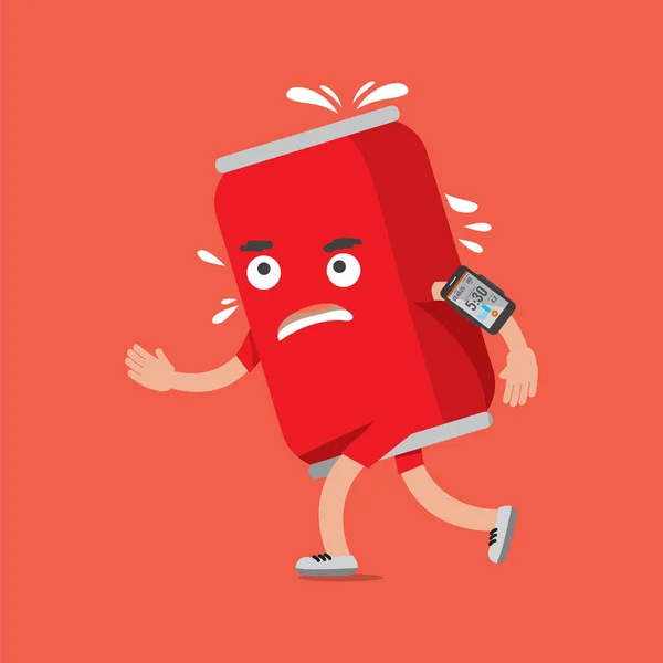 Cola Can On The Run With Smartphone Health Concept Cartoon Character Vector Illustration — Stock Vector