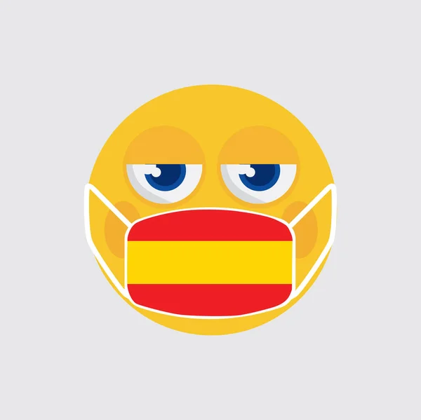 Yellow Emoji Wearing Medical Mask Shaped Spain Flag Prevent Outbreak — стоковый вектор