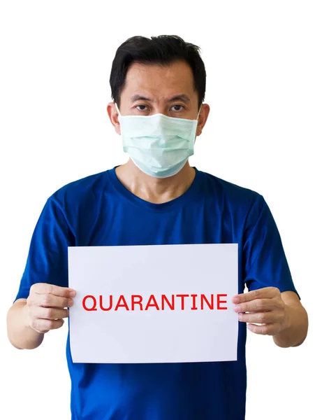 Asian Men Wear Medical Masks Holding Campaign Banner Quarantine Home — Stock Photo, Image