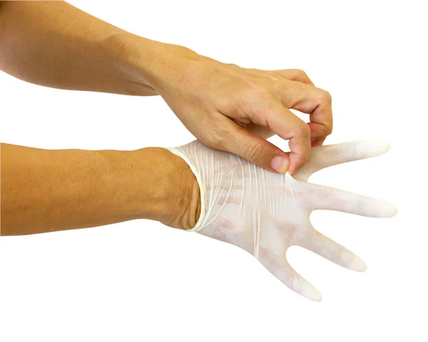 Armarna Asiatisk Man Bär Medicinska Handskar Isolerade Vit Bakgrund — Stockfoto