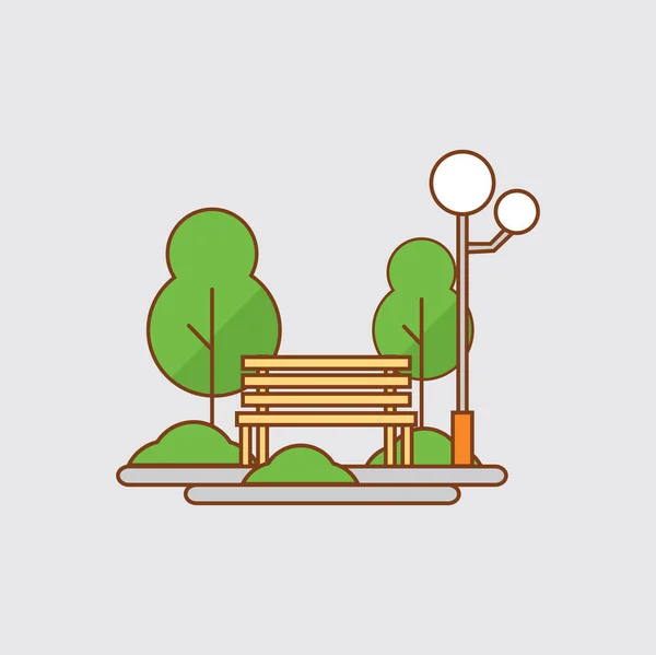 木やランプで公共公園でリラックスするためのフラットデザインの木製の椅子ベクトルイラスト — ストックベクタ