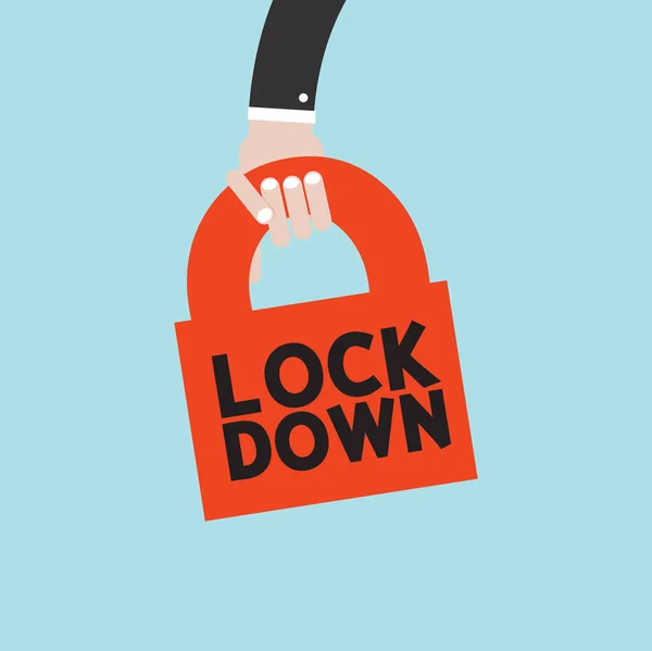 Hand Man Key Has Word Lockdown Locking Prevent Corona Virus — Stock Vector