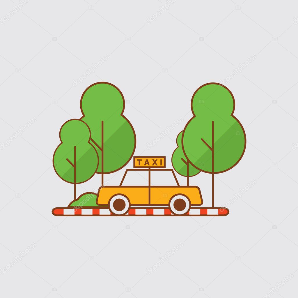 Taxis Are Parked on The Side of The Park Vector Illustration