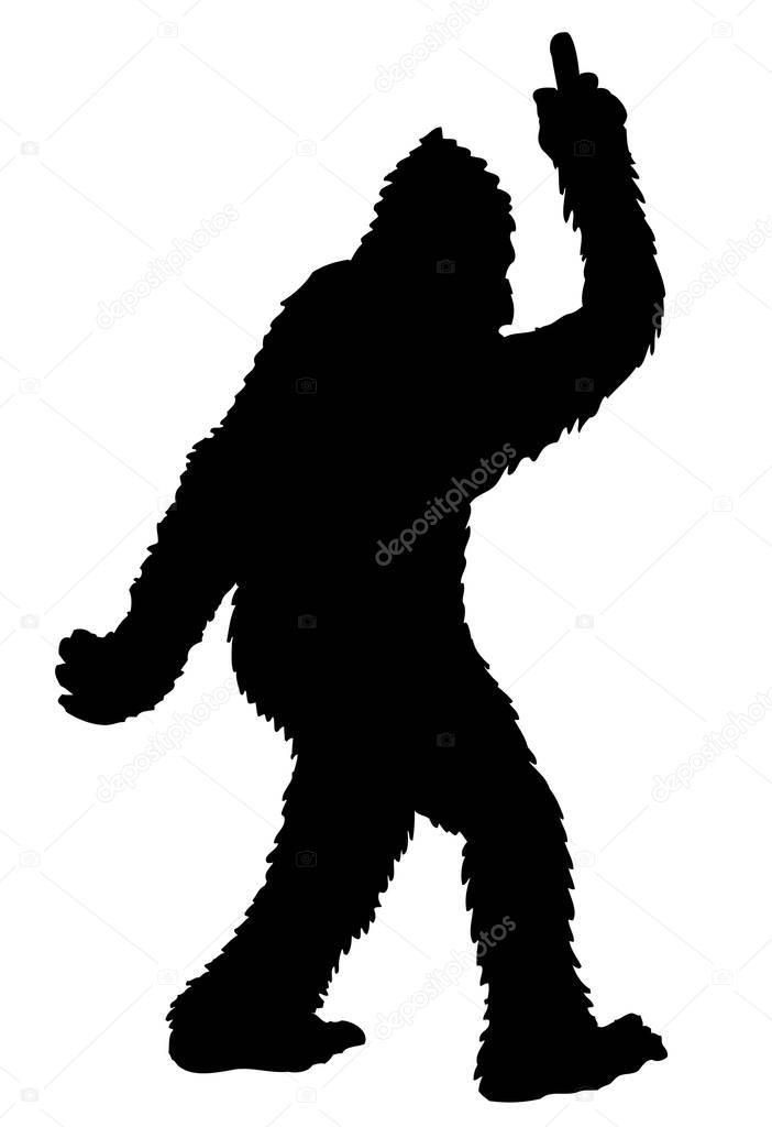 Silhouette of Bigfoot walking and showing fuck on white background