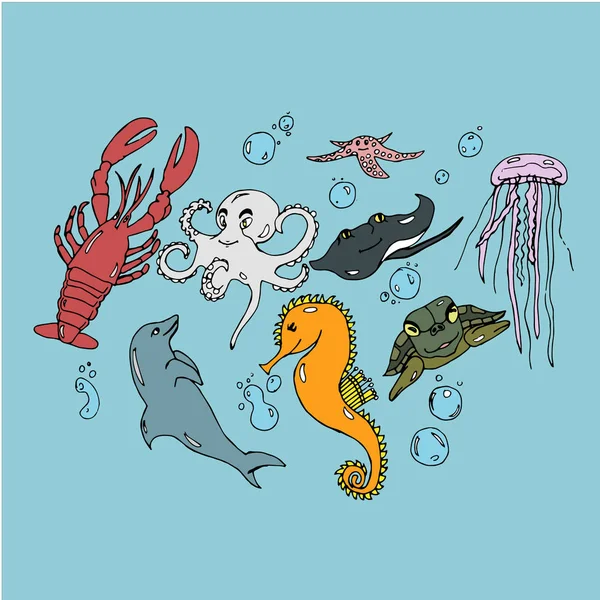 Sea Animals Set Color — Stock Vector