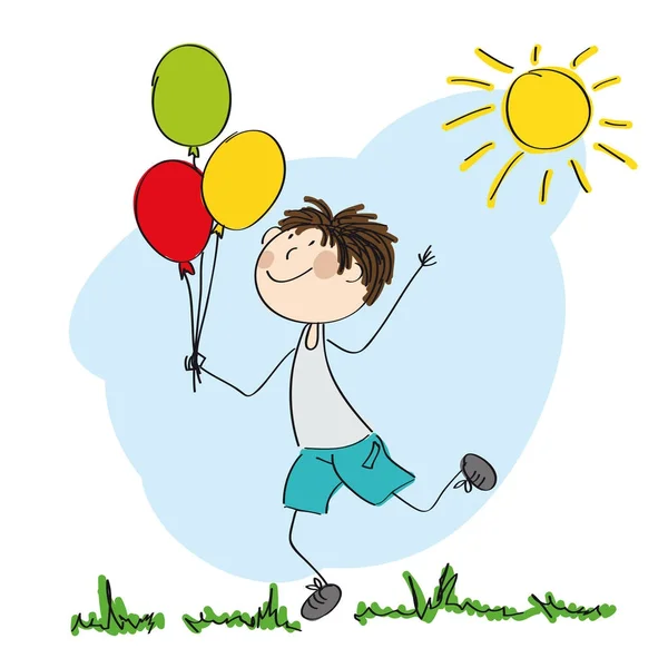 Menino feliz correndo e segurando balões coloridos em sua mão — Vetor de Stock