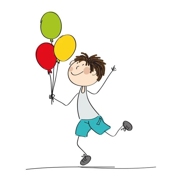 Happy boy running and holding colorful balloons in his hand — Stock Vector