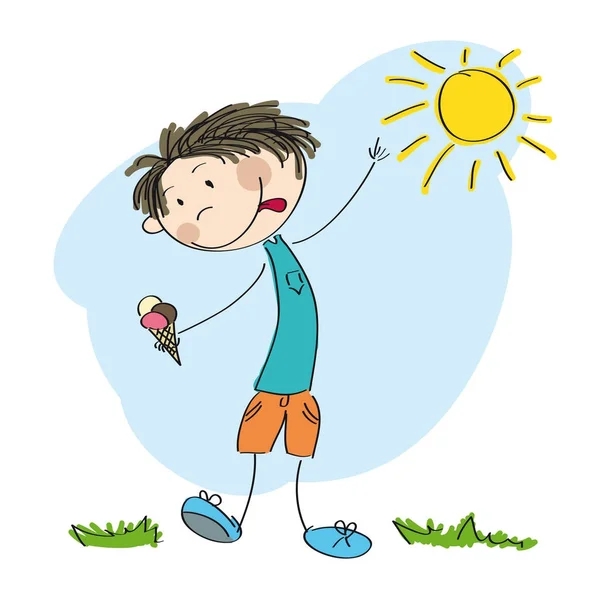 Niño pequeño sosteniendo helado - ilustración original dibujada a mano — Vector de stock