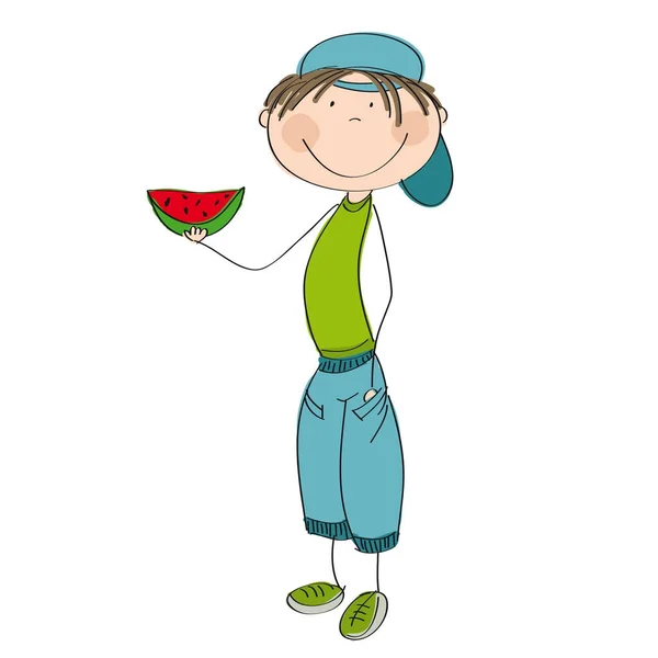 Tiener houdt van een segment van watermeloen — Stockvector