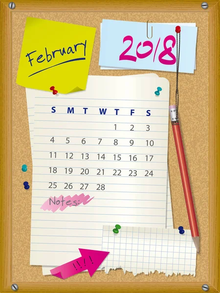 2018日历月 2月-软木板与笔记 — 图库矢量图片