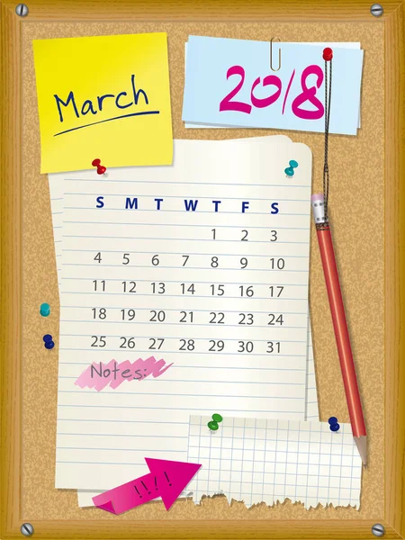 2018 kalendarz - miesiąca marca - tablica korkowa z uwagi — Wektor stockowy