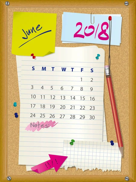 Calendrier 2018 - mois juin - planche de liège avec notes — Image vectorielle