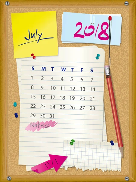 2018 kalender - bulan Juli - papan cork dengan catatan - Stok Vektor