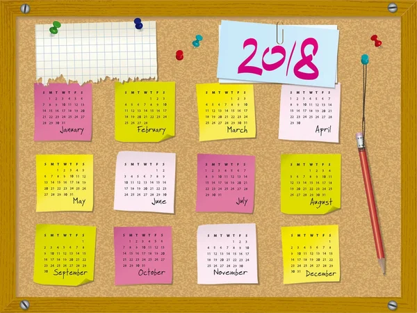Calendario 2018 - la semana comienza el domingo - tablero de corcho con notas — Archivo Imágenes Vectoriales